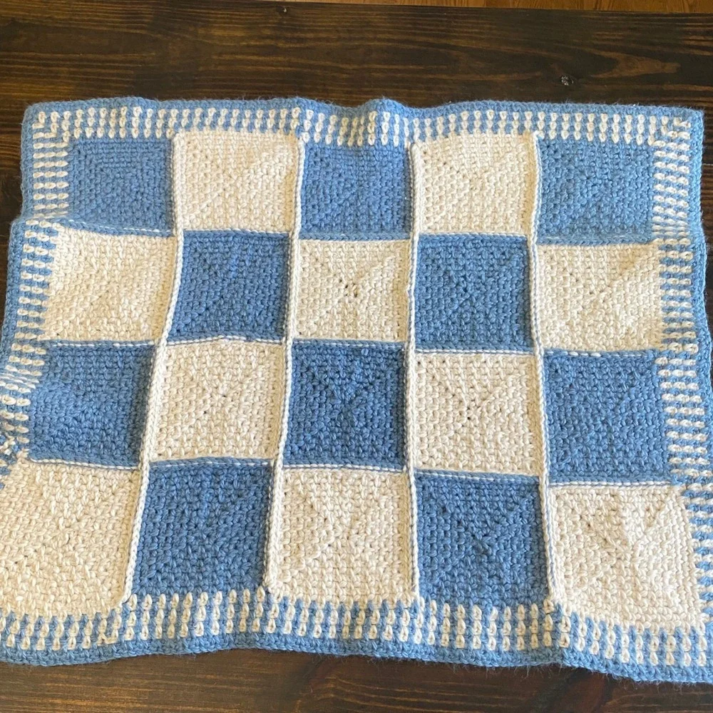 Vintage Handmade‎ Crochet Baby Blanket Blue Cream Checkered Super Soft 40x32